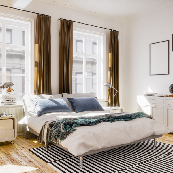 Airbnb Bedroom With Striped Rug 600X600